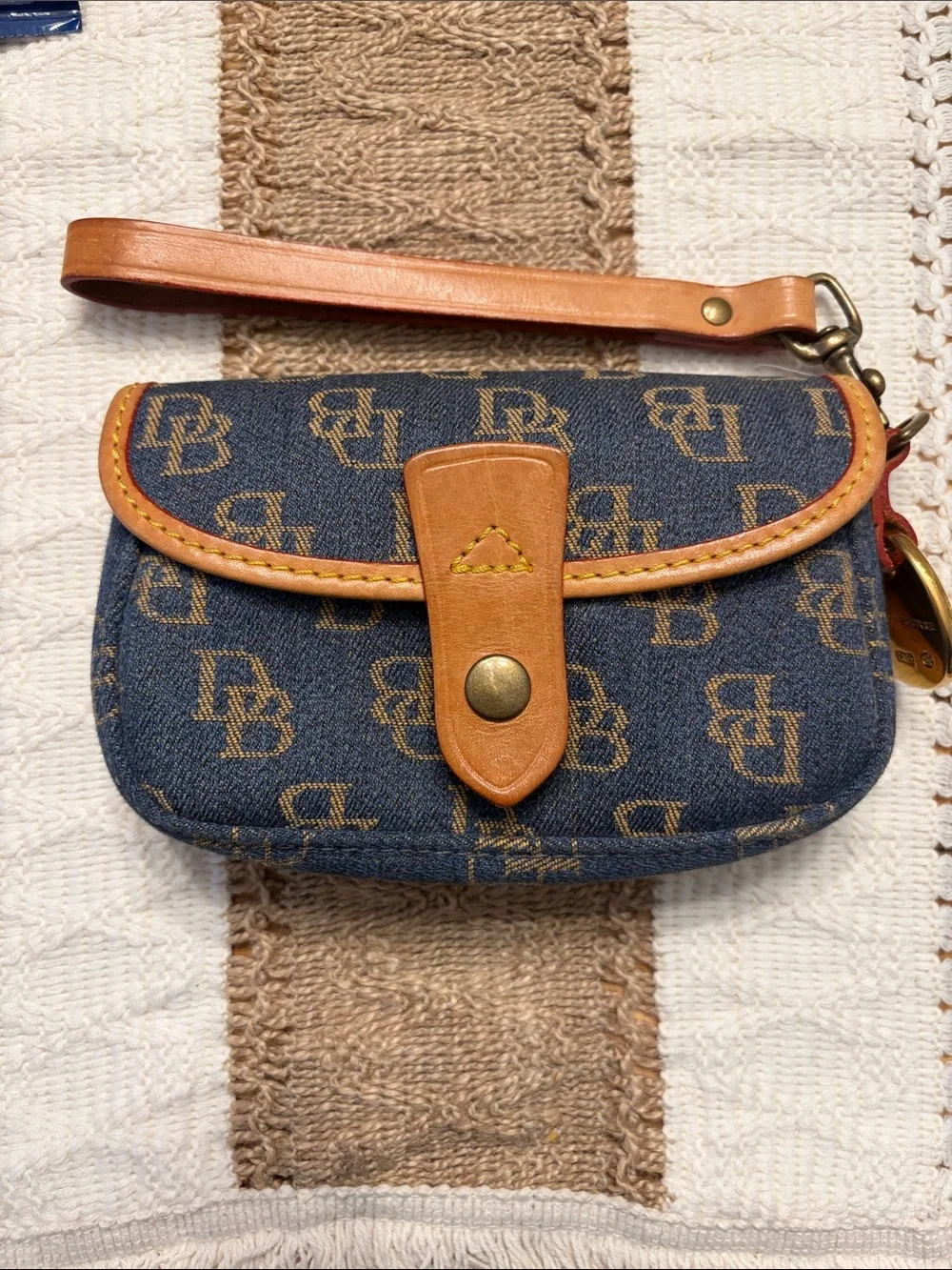 Dooney & Bourke Denim Monogram Wristlet with Tan Leather Trim